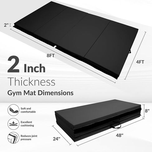 Fitvids 4'x8'x2" Folding Gymnastics Mat, Home Exercise Mat with Carrying Handles, Gym Workout Tumbling Mat for Yoga, Pilates, Stretching, MMA, Core Workouts, Fitness Aerobics Mats for Gym Training, Multiple Colors in Kuwait
