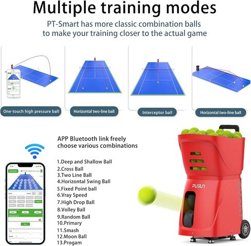 PT-SMART Smart App Controlled Tennis Ball Machine with 4-6 Hours Battery Life, 120km/h Speed, 100+ Ball Capacity & 12 Training Modes, Portable Tennis Trainer for Home and Court Practice in Saudi Arabia