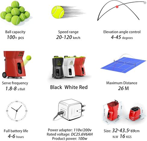 PT-SMART Smart App Controlled Tennis Ball Machine with 4-6 Hours Battery Life, 120km/h Speed, 100+ Ball Capacity & 12 Training Modes, Portable Tennis Trainer for Home and Court Practice in Saudi Arabia