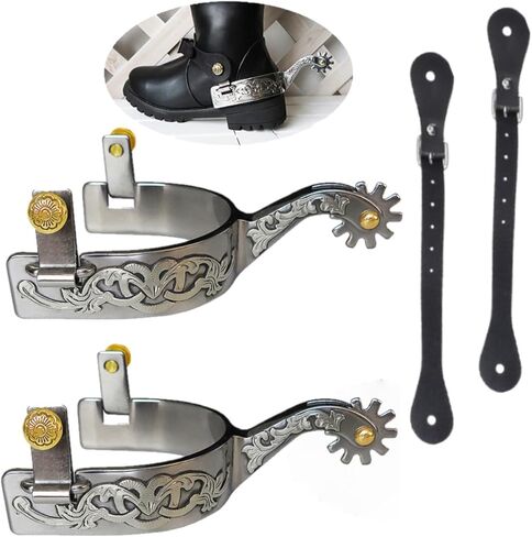 نتوءات كاوبوي غربية مقاومة للصدأ، مقترنة بحزام محفزات بفتحات من جلد البقر، لوحة مزخرفة من الفضة الألمانية مع تروس وإبزيم غطاء نحاسي، MP1229-02 in Kuwait