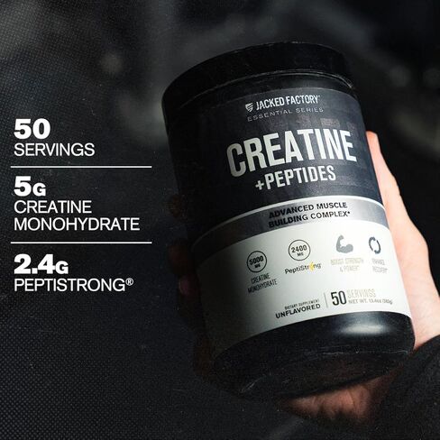 Jacked Factory Creatine + Peptides - Creatine Monohydrate and PeptiStrong Peptides for Muscle Growth and Reduced Muscle Breakdown - Unflavored - 50 Servings in Kuwait