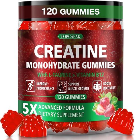 علكات الكرياتين للرجال والنساء - علكات الكرياتين أحادية الهيدرات القابلة للمضغ مع التورين وفيتامين ب12، 5 جرام كرياتين لكل حصة، نباتية، نكهة الفراولة، 120 قطعة in Kuwait