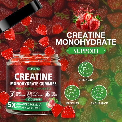 علكات الكرياتين للرجال والنساء - علكات الكرياتين أحادية الهيدرات القابلة للمضغ مع التورين وفيتامين ب12، 5 جرام كرياتين لكل حصة، نباتية، نكهة الفراولة، 120 قطعة in Kuwait