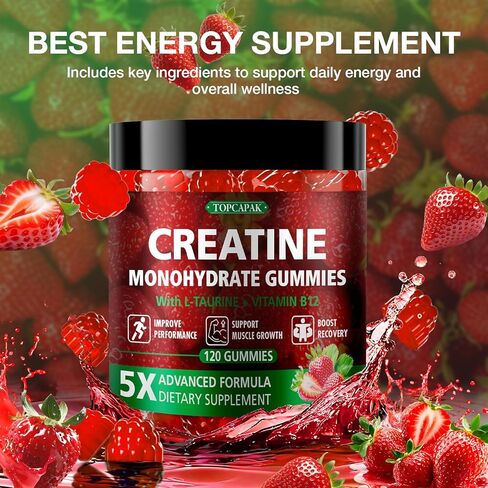 علكات الكرياتين للرجال والنساء - علكات الكرياتين أحادية الهيدرات القابلة للمضغ مع التورين وفيتامين ب12، 5 جرام كرياتين لكل حصة، نباتية، نكهة الفراولة، 120 قطعة in Kuwait