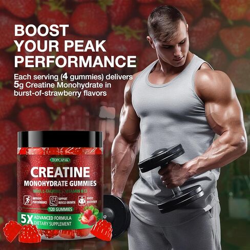 علكات الكرياتين للرجال والنساء - علكات الكرياتين أحادية الهيدرات القابلة للمضغ مع التورين وفيتامين ب12، 5 جرام كرياتين لكل حصة، نباتية، نكهة الفراولة، 120 قطعة in Kuwait