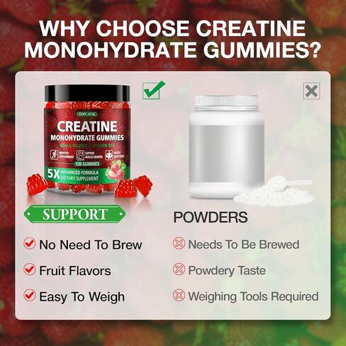 علكات الكرياتين للرجال والنساء - علكات الكرياتين أحادية الهيدرات القابلة للمضغ مع التورين وفيتامين ب12، 5 جرام كرياتين لكل حصة، نباتية، نكهة الفراولة، 120 قطعة in Kuwait