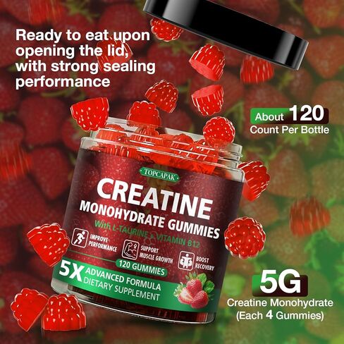 علكات الكرياتين للرجال والنساء - علكات الكرياتين أحادية الهيدرات القابلة للمضغ مع التورين وفيتامين ب12، 5 جرام كرياتين لكل حصة، نباتية، نكهة الفراولة، 120 قطعة in Kuwait