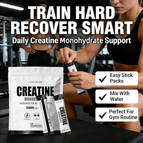 Creatine Monohydrate Stick Packs 5g – 60 Single Serve Creatine Packets, Micronized Creatine Powder for Men & Women, Travel Creatine Packets, Unflavored Pre & Post Workout Supplement in Kuwait