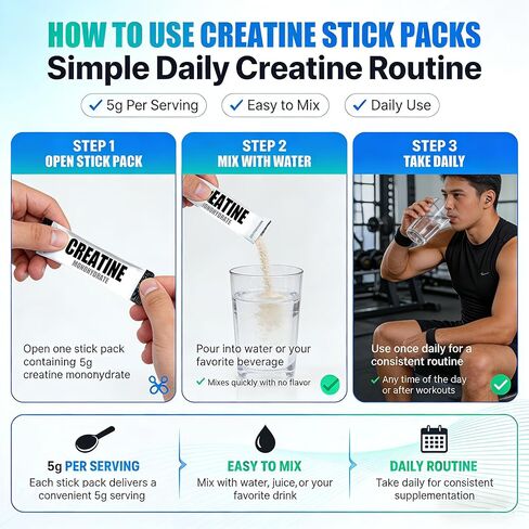 Creatine Monohydrate Stick Packs 5g – 60 Single Serve Creatine Packets, Micronized Creatine Powder for Men & Women, Travel Creatine Packets, Unflavored Pre & Post Workout Supplement in Kuwait