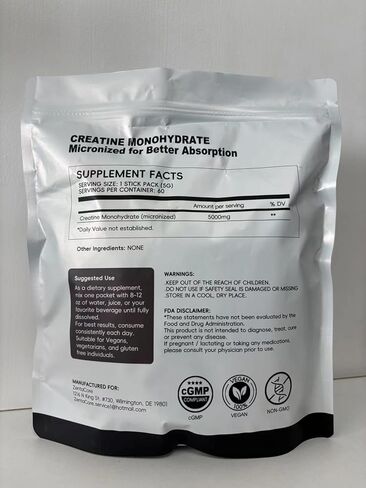 Creatine Monohydrate Stick Packs 5g – 60 Single Serve Creatine Packets, Micronized Creatine Powder for Men & Women, Travel Creatine Packets, Unflavored Pre & Post Workout Supplement in Kuwait