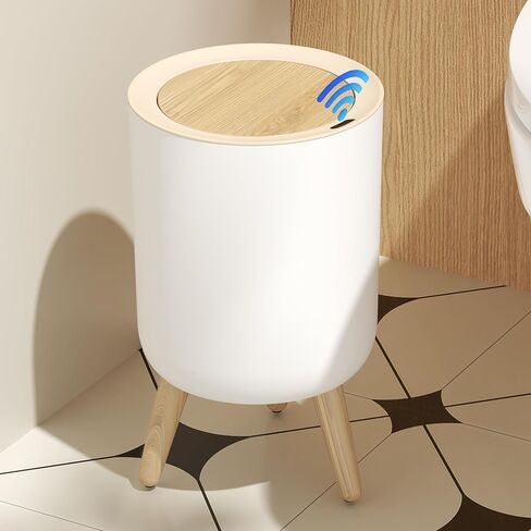 سلة مهملات الحمام من موشن سينور مع غطاء، سلة قمامة صغيرة سعة 2.38 جالون، فتحة تلقائية ذكية بدون لمس، سلة مهملات دائرية مزخرفة بأرجل وسطح خشبي محبب، لمكتب غرفة نوم المطبخ، بلاستيك، أبيض in Kuwait