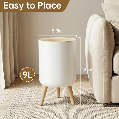 سلة مهملات الحمام من موشن سينور مع غطاء، سلة قمامة صغيرة سعة 2.38 جالون، فتحة تلقائية ذكية بدون لمس، سلة مهملات دائرية مزخرفة بأرجل وسطح خشبي محبب، لمكتب غرفة نوم المطبخ، بلاستيك، أبيض in Kuwait