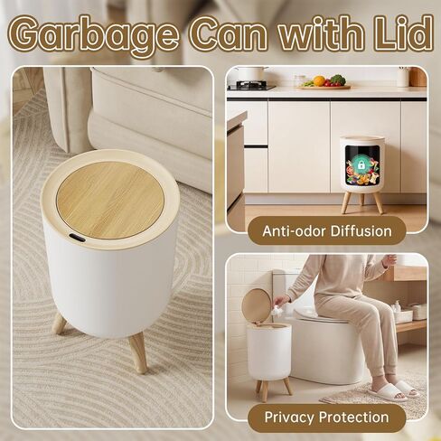 سلة مهملات الحمام من موشن سينور مع غطاء، سلة قمامة صغيرة سعة 2.38 جالون، فتحة تلقائية ذكية بدون لمس، سلة مهملات دائرية مزخرفة بأرجل وسطح خشبي محبب، لمكتب غرفة نوم المطبخ، بلاستيك، أبيض in Kuwait
