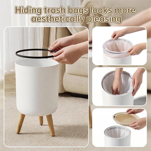 سلة مهملات الحمام من موشن سينور مع غطاء، سلة قمامة صغيرة سعة 2.38 جالون، فتحة تلقائية ذكية بدون لمس، سلة مهملات دائرية مزخرفة بأرجل وسطح خشبي محبب، لمكتب غرفة نوم المطبخ، بلاستيك، أبيض in Kuwait