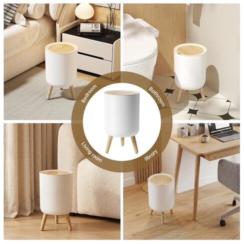 سلة مهملات الحمام من موشن سينور مع غطاء، سلة قمامة صغيرة سعة 2.38 جالون، فتحة تلقائية ذكية بدون لمس، سلة مهملات دائرية مزخرفة بأرجل وسطح خشبي محبب، لمكتب غرفة نوم المطبخ، بلاستيك، أبيض in Kuwait