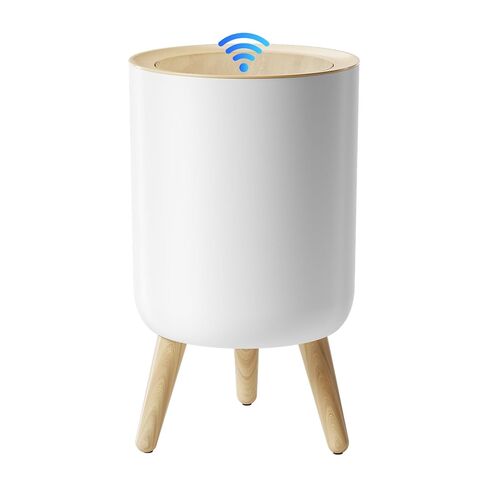 سلة مهملات الحمام من موشن سينور مع غطاء، سلة قمامة صغيرة سعة 2.38 جالون، فتحة تلقائية ذكية بدون لمس، سلة مهملات دائرية مزخرفة بأرجل وسطح خشبي محبب، لمكتب غرفة نوم المطبخ، بلاستيك، أبيض in Kuwait