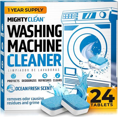 MIGHTY CLEAN Washing Machine Cleaner Tablets 24 Pack - 1 Year Supply, Septic Safe Washing Machine Cleaning Tablets, Washer Cleaner Tablet, Works with All Washers Including HE in Kuwait