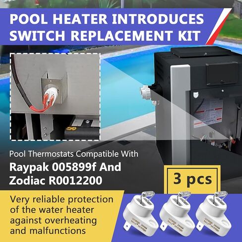 3 قطع مفتاح قطع حراري 152 درجة مئوية متوافق مع Raypak 005899F وZodiac R0012200، مفتاح تشغيل سخان حمام السباحة، مجموعة استبدال الصمامات الحرارية لقطع غيار سخان حمام السباحة وملحقاتها لـ Raypak in Kuwait