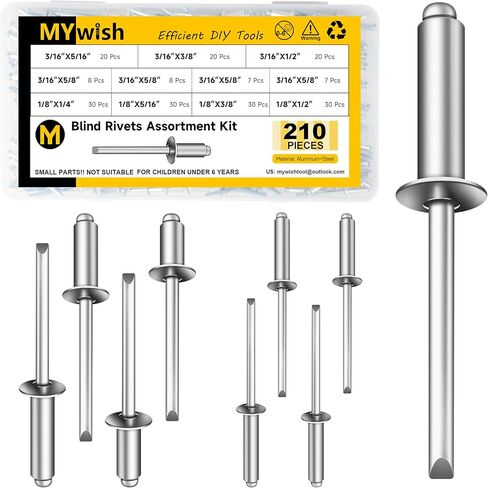 Mywish 210Pcs Aluminum Steel Blind Pro Rivets Assortment Kit, 8 Sizes 3/16" 1/8" Aluminum Grip and Steel Mandrel Pop Rivets, Open End Rivets for Metal in Saudi Arabia