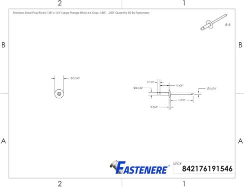 Fastenere Large Flange Pop Rivets - 1/8" x 1/4" (50 Pack) Heavy Duty, Stainless Steel Blind Rivets, Open End 4-4 Grip Range .188" - .250", Corrosion Resistant, High Tensile & Shear Strength in Saudi Arabia