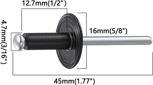 100PCS Large Flange Blind Rivets,3/16" x 1/2" Large Cap Black Aluminum Blind Rivets,Flange Diameter 5/8" (16 mm),Aluminum Grip Steel Mandrel Pop Rivets (Black, 3/16"x1/2"-100PC) in Kuwait