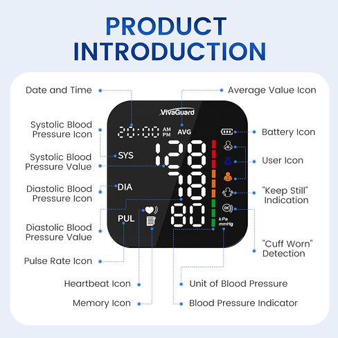 VivaGuard Blood Pressure Monitor for Home Use, Upper Arm Blood Pressure Cuff (8.7" - 16.5"), Automatic Digital BP Machine with Large LCD Backlit Display, 2 x 199 Memory, Carrying Case and Power Supply in Kuwait