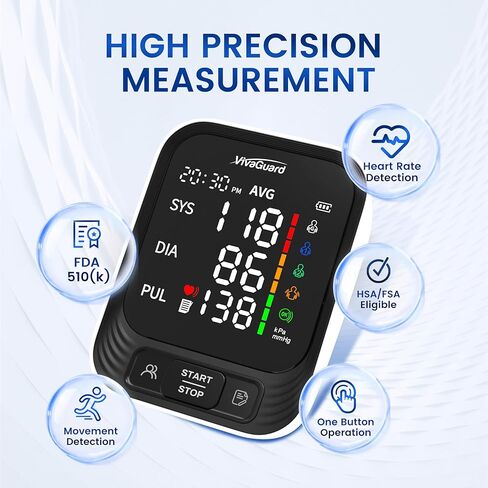 VivaGuard Blood Pressure Monitor for Home Use, Upper Arm Blood Pressure Cuff (8.7" - 16.5"), Automatic Digital BP Machine with Large LCD Backlit Display, 2 x 199 Memory, Carrying Case and Power Supply in Saudi Arabia