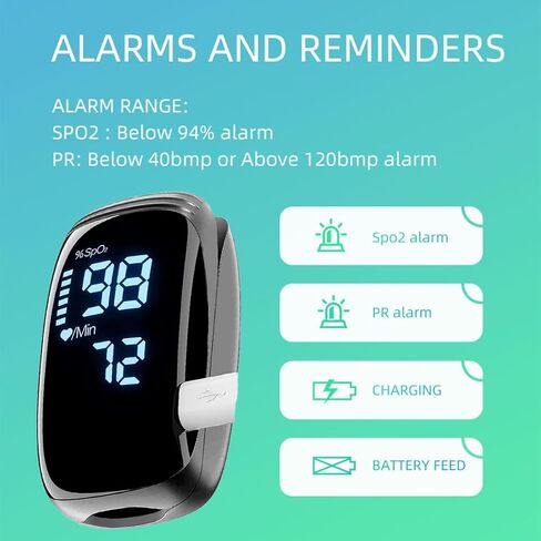 مقياس التأكسج نبض الإصبع، تشبع الأكسجين في الدم بأطراف الأصابع مع جهاز مراقبة النبض، مقياس التأكسج مع الحبل، مقياس التأكسج النبضي للاستخدام الرياضي والطيران (أسود) in Kuwait