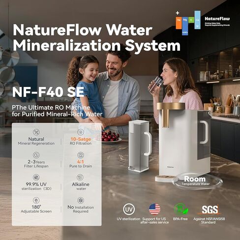 NatureFlow F40 SE مرشح مياه بالتناضح العكسي مع الأشعة فوق البنفسجية، إعادة التمعدن الطبيعي، مرشحات RO على 10 مراحل، 4: 1 نقي للتصريف، منقي المياه القلوية pH9، خالٍ من البيسفينول A، NSF/ANSI/UL/FDA in Kuwait