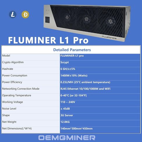 OEMGMINER New FLUMINER L1 Pro 6Gh/s±5% Asic Miner 1400W Doge/LTC/BEL Miner Scrypt Algorithm Support Ethernet and WiFi in Stock in Kuwait