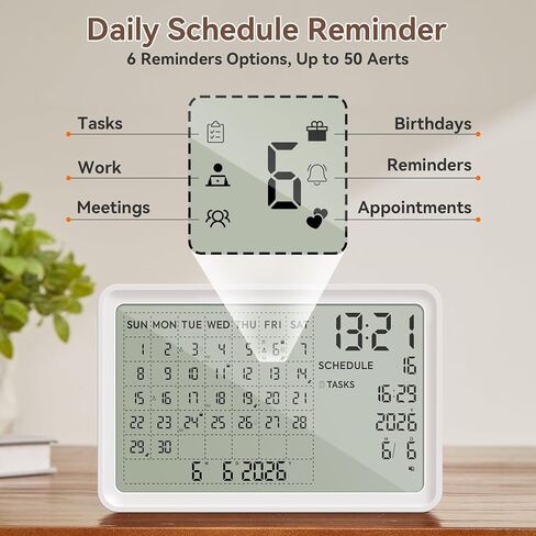 Digital Calendar, Digital Desk Planner Schedule Reminder Clock with Day and Date, Chargeable 8 Inch Large Display (White, 8 inch) in Saudi Arabia