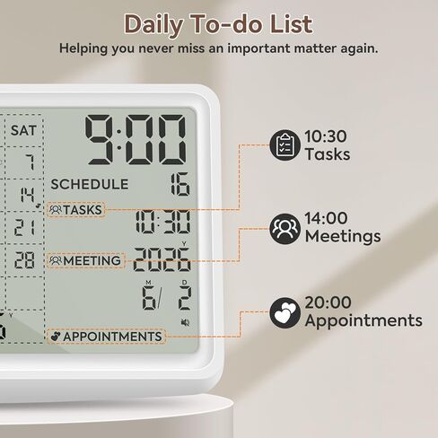 Digital Calendar, Digital Desk Planner Schedule Reminder Clock with Day and Date, Chargeable 8 Inch Large Display (White, 8 inch) in Saudi Arabia