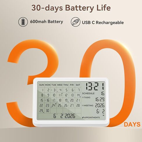 Digital Calendar, Digital Desk Planner Schedule Reminder Clock with Day and Date, Chargeable 8 Inch Large Display (White, 8 inch) in Saudi Arabia
