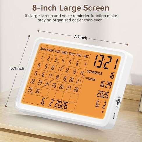 Digital Calendar, Digital Desk Planner Schedule Reminder Clock with Day and Date, Chargeable 8 Inch Large Display (White, 8 inch) in Saudi Arabia