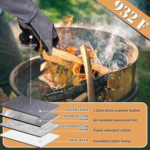 16" Leather Forge Welding Gloves, 932℉ Heat/Fire Resistant, Multi-Use Mitts for TIG/MIG Welding, BBQ, Oven, Baking, Furnace, Beekeeping, Animal Handling & Stove Safety，Ambidextrous in Saudi Arabia