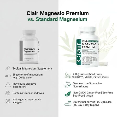 Clair Magnesio Premium، Clair Magnesio، مكونات غير معدلة وراثيًا، خالية من الغلوتين وفول الصويا. نباتي، 90 كبسولة (قطعة واحدة) in Kuwait