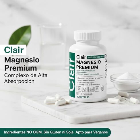 Clair Magnesio Premium، Clair Magnesio، مكونات غير معدلة وراثيًا، خالية من الغلوتين وفول الصويا. نباتي، 90 كبسولة (قطعة واحدة) in Kuwait