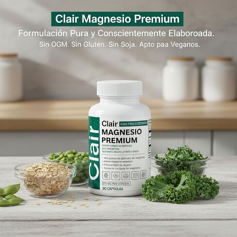 Clair Magnesio Premium، Clair Magnesio، مكونات غير معدلة وراثيًا، خالية من الغلوتين وفول الصويا. نباتي، 90 كبسولة (قطعة واحدة) in Kuwait
