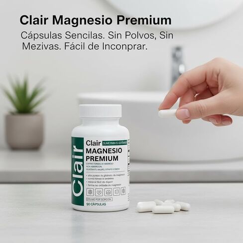 Clair Magnesio Premium، Clair Magnesio، مكونات غير معدلة وراثيًا، خالية من الغلوتين وفول الصويا. نباتي، 90 كبسولة (قطعة واحدة) in Kuwait