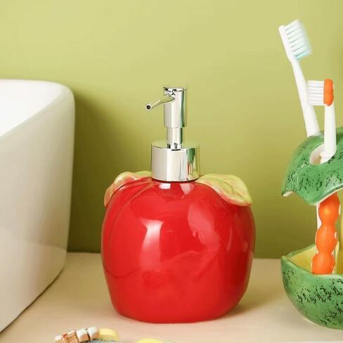 Ceramic Red Apple Shaped Soap – Ceramic Pump Bottle for Bathroom/Kitchen (Red, Latex-Free) – Holds Liquid Soap, Lotion or Dish Detergent | Decorative Countertop Holder in Saudi Arabia