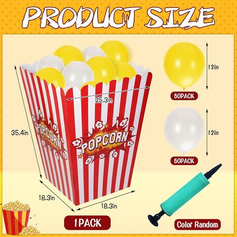 صندوق الفشار العملاق مع البالونات، صندوق الفشار ثلاثي الأبعاد من الورق المقوى لفيلم الفشار، مقاس 35 × 18 × 25 بوصة في الهواء الطلق، صندوق فشار ثقيل الوزن للحفلات ذات الطابع الخاص والمهرجانات وتزيين الفناء (51 قطعة) in Kuwait