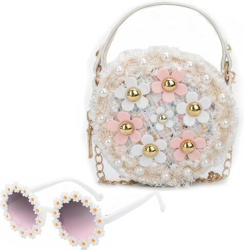 لطيفة طفل صغير فتيات صغيرات جولة كروس مع نظارة شمسية لؤلؤة وزراعة الأميرة على غرار حقيبة يد مع حزمة مربع الهدايا in Kuwait