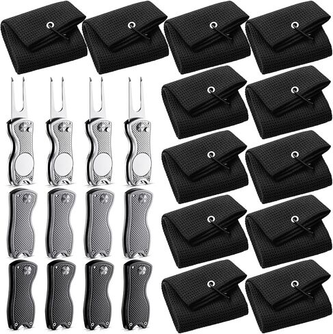 Poen 24 Pcs Golf Accessories, 12 Pcs 3 Colors Foldable Metal Golf Divot Repair Tools, 12 Black Towels with Carabiner Clip, Bulk for Golfers Prizes Gifts Club Supplies in Saudi Arabia