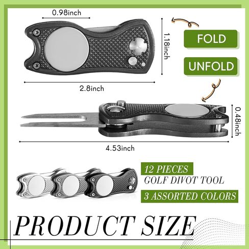 Poen 24 Pcs Golf Accessories, 12 Pcs 3 Colors Foldable Metal Golf Divot Repair Tools, 12 Black Towels with Carabiner Clip, Bulk for Golfers Prizes Gifts Club Supplies in Saudi Arabia