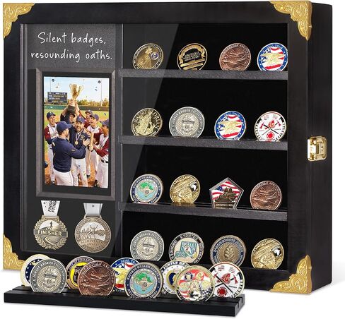 Challenge Coin Display Case with Light, Removable Shelves and Picture Frame for Honor Military Coin Holder Wall Mount, Memorial Gift for Men Veterans Collectors (Black) in Kuwait