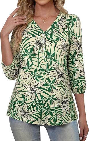 Womens 3/4 Sleeve Hawaiian Shirts V Neck Summer Floral Printed Shirt Casual Buttons Down Soft Tunic Tops in Kuwait