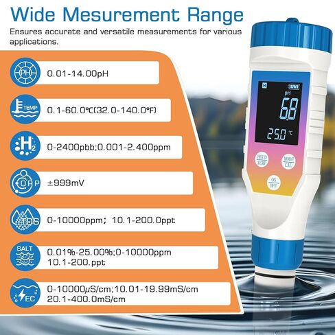 Hydrogen Water Tester Meter for Hydrogen Water Bottle, 7-in-1 H2 TMEP EC TDS Salt pH ORP Meter, TDS Meter Digital Water Tester for Drinking Water, Filtered Water, pH Tester for Juice, Coffee in Kuwait