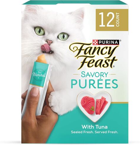 Fancy Feast Purina Squeezable Cat Treats Tube, Savory Puree Naturals with Natural Tuna in a Demi-Glace - 0.35 Ounce (Pack of 12 in Saudi Arabia