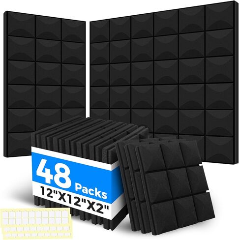 48 حزمة من الألواح الصوتية 12 × 12 × 2 بوصة، ألواح إسفنجية مقاومة للصوت للجدار، ألواح حائط عازلة للصوت عالية الكثافة، رغوة الاستوديو للجدار والسقف (أسود، 48 حزمة) in Kuwait