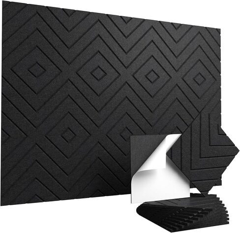 لوحات صوتية ذاتية اللصق، لوحات جدارية عازلة للصوت مقاس 12 بوصة × 12 بوصة × 0.4 بوصة، ممتصة للصوت عالية الكثافة، لوحات تخفيف الضوضاء للمكتب المنزلي والاستوديو وديكور غرفة النوم باللون الأسود 10 عبوات in Kuwait